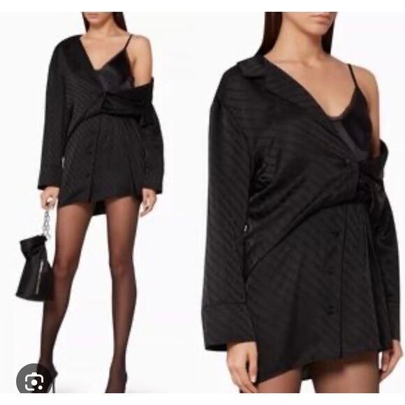 Alexander Wang Black Tonal Logo Deconstructed Shirt Dress Silk Blend Black Sz 2 - Picture 15 of 16